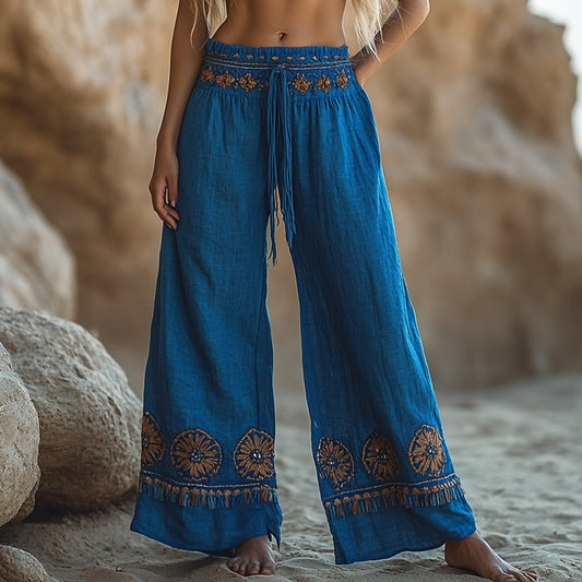 Women's Casual Bohemia Vacation Linen Style Long Loose Wide-leg Trouser Pants