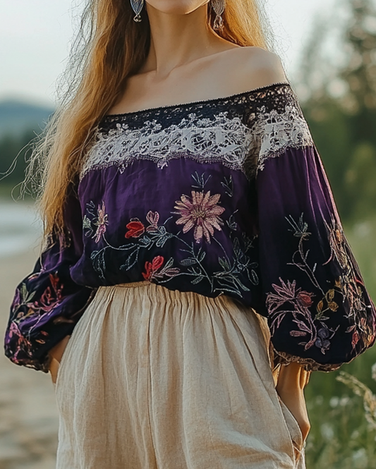 Summer Holiday Lace Handmade Floral Embroidery Top & Pants 2-Piece Set  0f8f