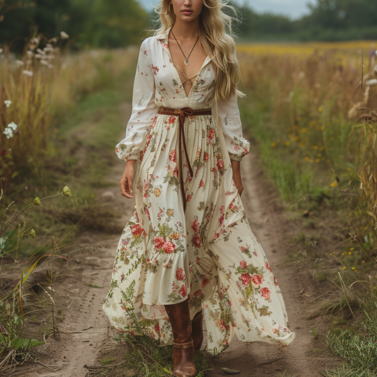 Women's Retro V-neck Floral Long-sleeve Bohemian Pastoral Style Maxi Long Dress