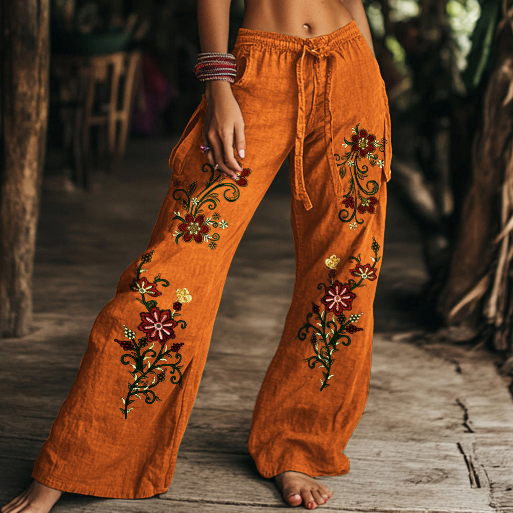 Hamivibe Vintage Floral Art Printed Cotton Linen Wide Leg Pants d628