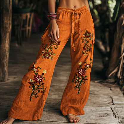 Hamivibe Vintage Floral Art Printed Cotton Linen Wide Leg Pants d628