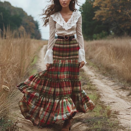 Women's Retro Plaid V-neck Long-sleeve Long Skirt Pastoral Style Maxi Long Dress
