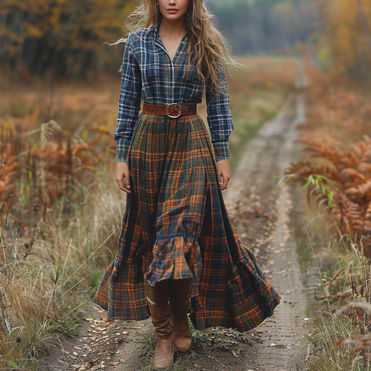 Women's Vintage V-neck Bohemian Pastoral Plaid Style Long-sleeve Maxi Long Dress
