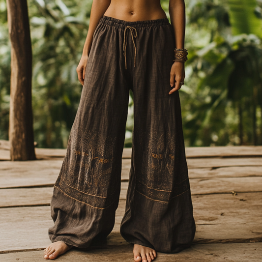 Bohemian Holiday Style Retro Linen Floral Ethnic Totem Print Casual Pants