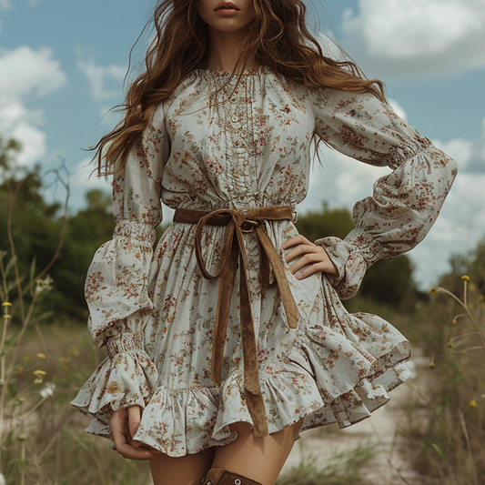 Women's Retro Floral Bohemian Pastoral Style Long-sleeved Mini Short Dress