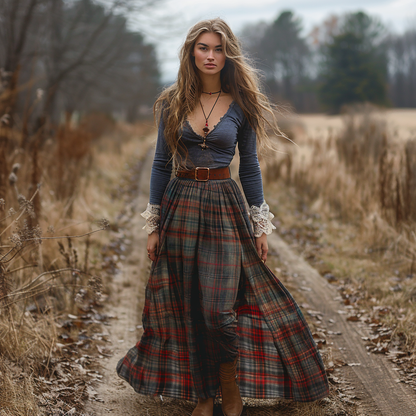 Women's Retro Plaid V-neck Long-sleeve Long Skirt Pastoral Style Maxi Long Dress