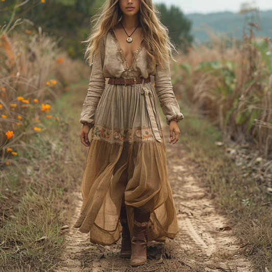 Women's Vintage V-neck Bohemian Pastoral Style Long-sleeve Maxi Long Dress
