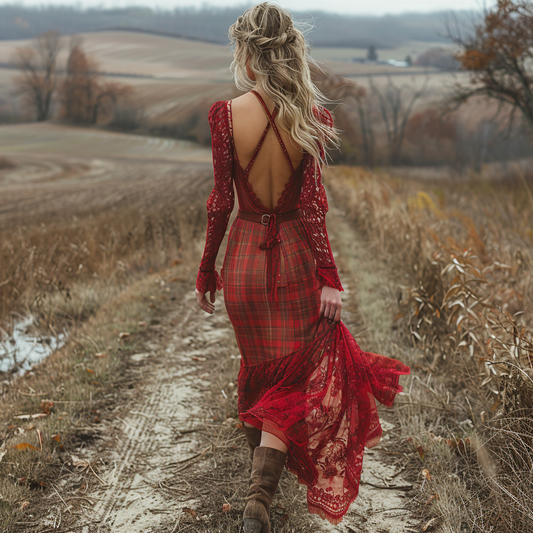 Women's Retro Pastoral Style Plaid Long-sleeve Sexy Maxi Long Dress