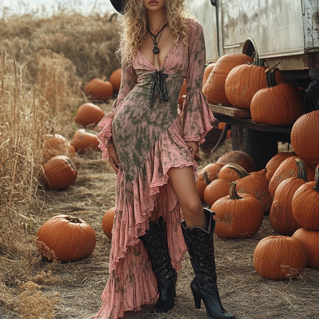 Women's Halloween Witch Style Tie-dye Long-sleeve Midi Long Dress