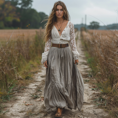 Women's Retro V-neck Country Pastoral Linen Style Long-sleeve Casual Maxi Long Dress