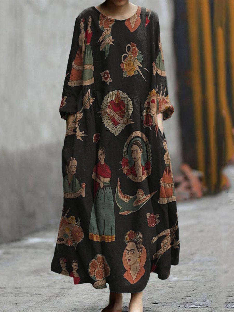 Artist Frida Decorative Patterns Pocket Cotton Dress
