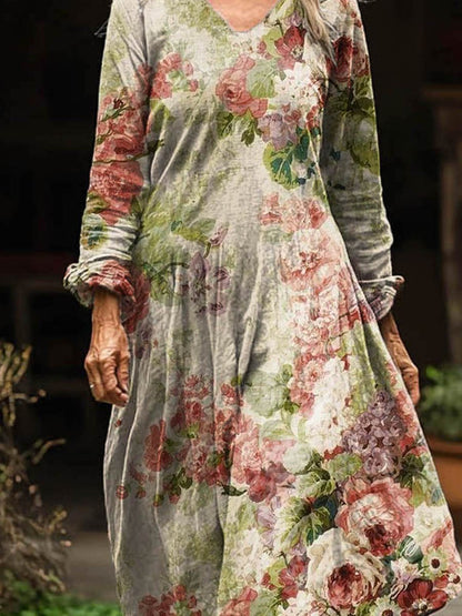 Women's Vintage Lovely Floral Art Print Pocket Cotton Dress