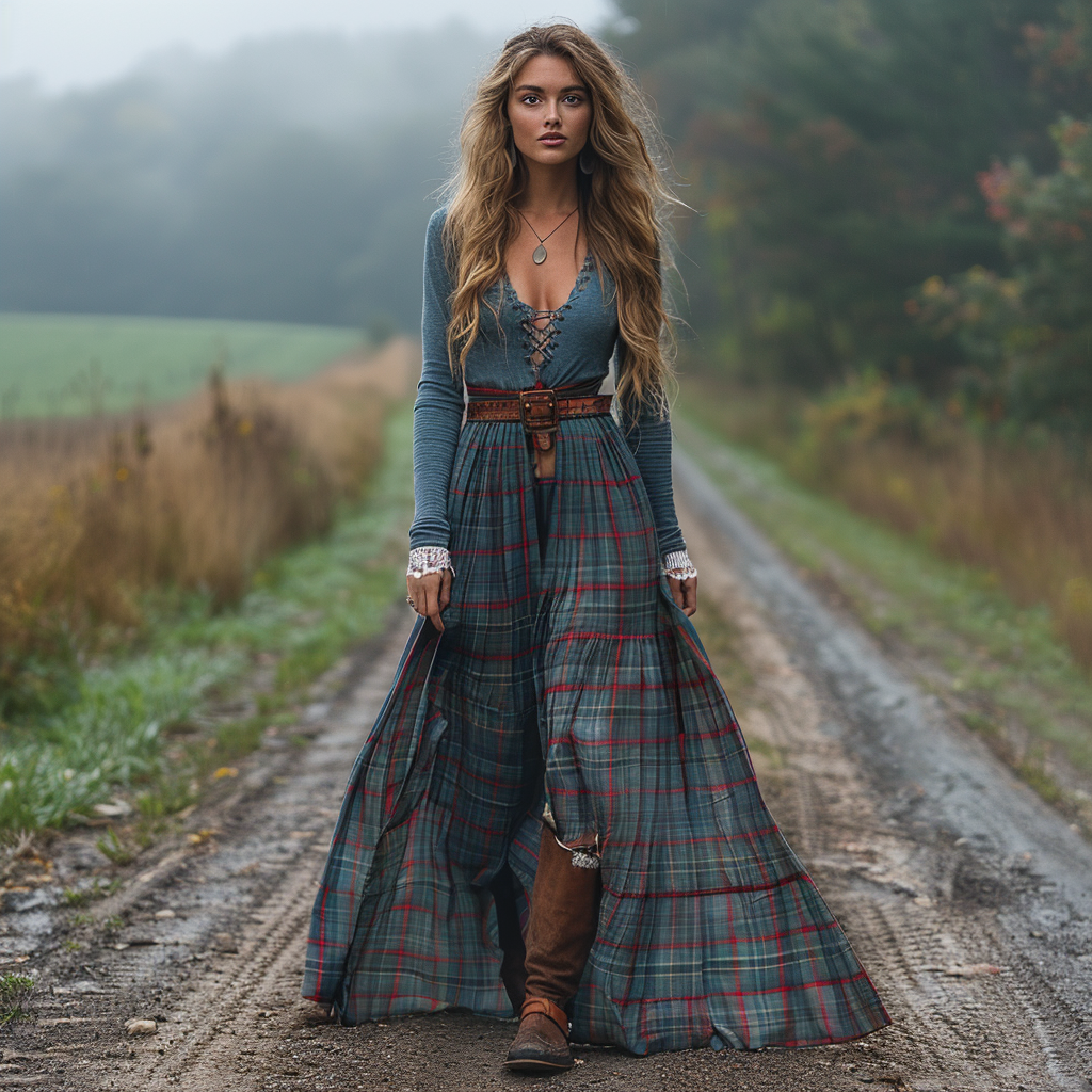 Women's Retro Plaid V-neck Long-sleeve Long Skirt Pastoral Style Maxi Long Dress