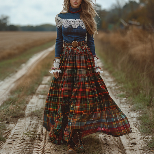 Women's Retro High Neck Long-sleeve Long Skirt Plaid Pastoral Style Maxi Long Dress