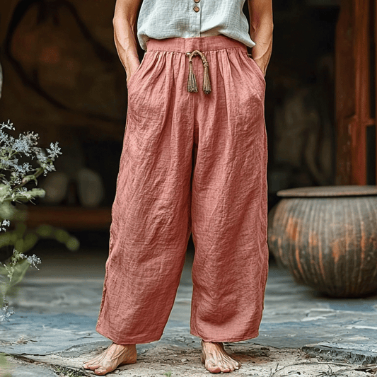 Women's Solid Linen Cropped Trouser Pants