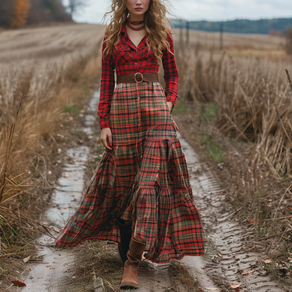 Women's Vintage V-neck Bohemian Pastoral Style Long-sleeve Maxi Long Dress