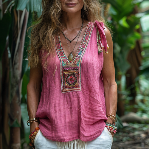 Women's Retro Loose Bohemia Ethnic Style Linen V-neck Suspender Sleeveless Top