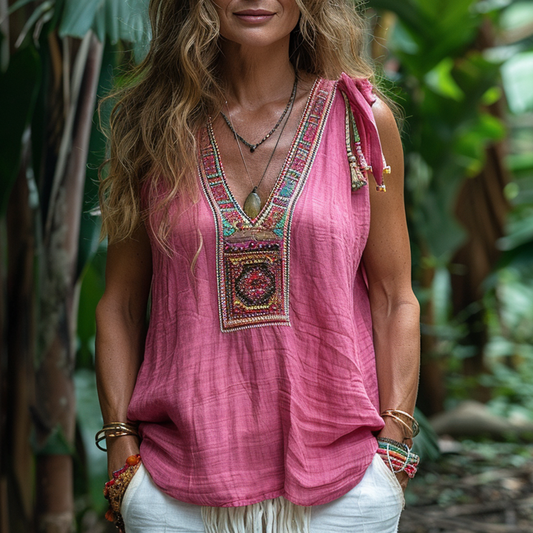 Women's Retro Loose Bohemia Ethnic Style Linen V-neck Suspender Sleeveless Top