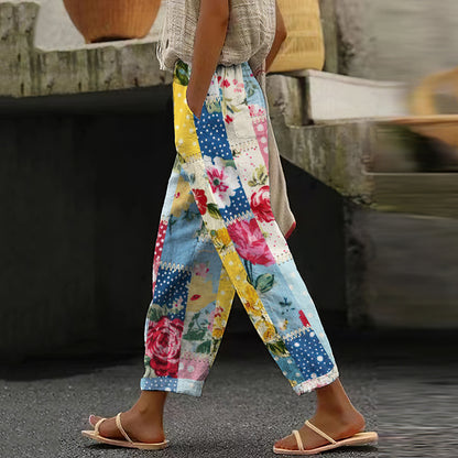 Women's Vintage Floral Patchwork Cotton And Linen Casual Pants 3df3
