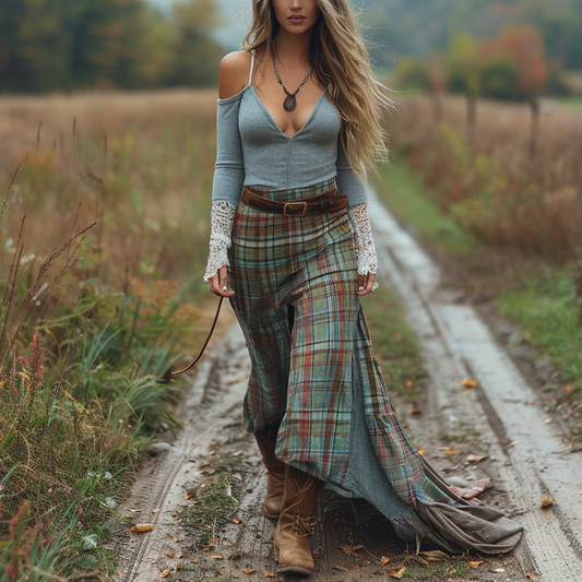 Women's Retro Plaid V-neck Long-sleeve Long Skirt Pastoral Style Maxi Long Dress