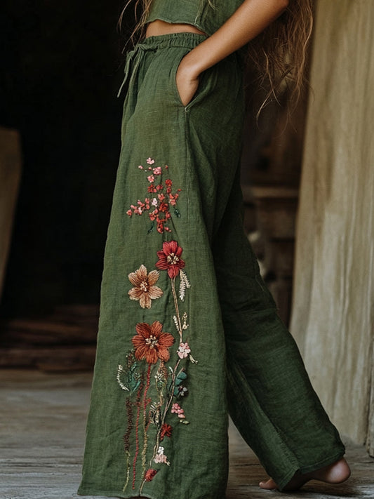 Women's Retro Linen Bohemian Flowers Ethnic Print Long Loose Wide-leg Trouser Pants 01ac