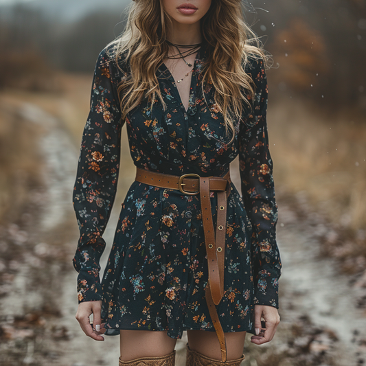 Women's Retro V-neck Floral Bohemian Pastoral Style Long-sleeved Mini Short Dress