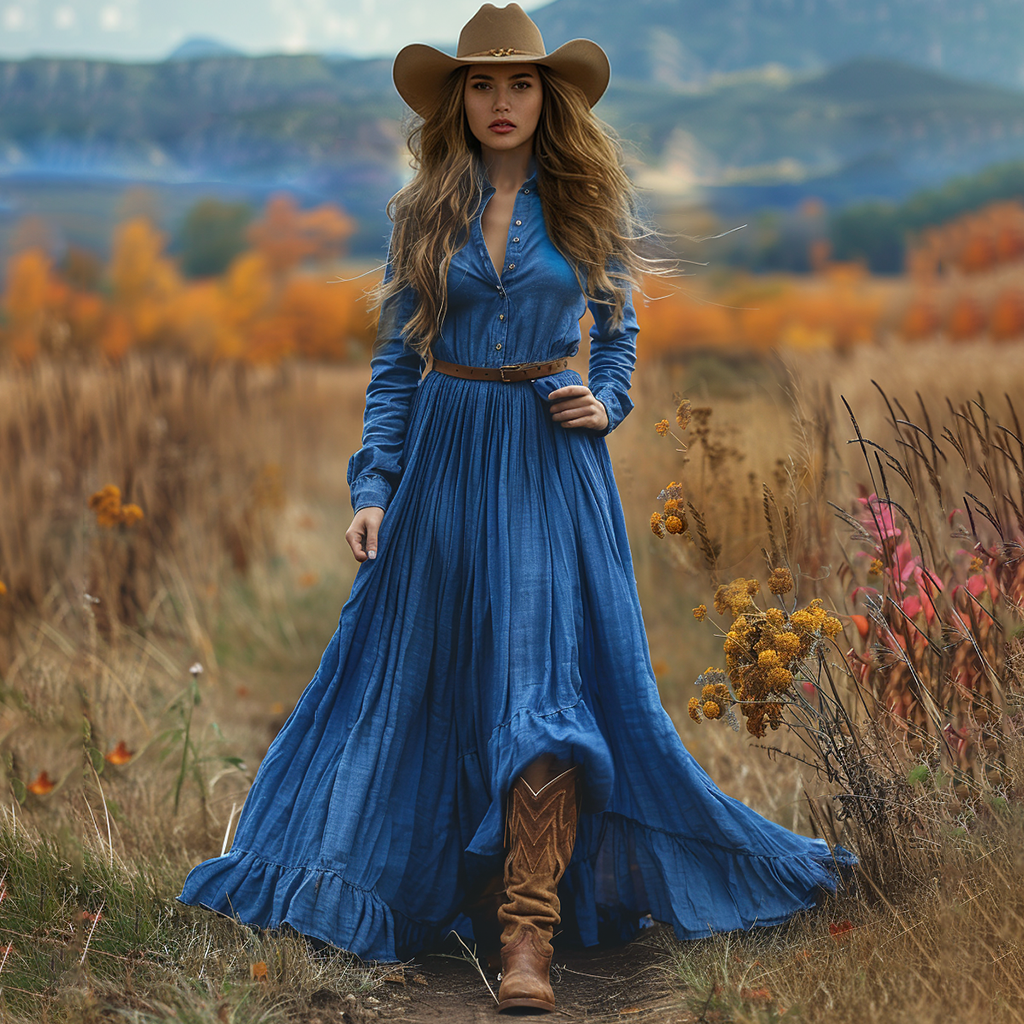 Women's Vintage V-neck Bohemian Pastoral Style Long-sleeve Maxi Long Dress