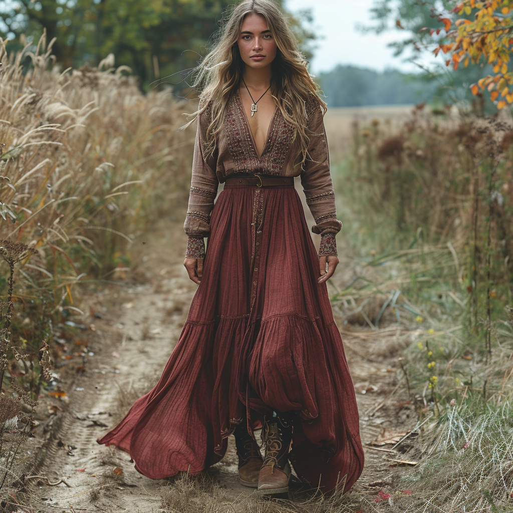 Women's Vintage V-neck Bohemian Pastoral Style Long-sleeve Maxi Long Dress