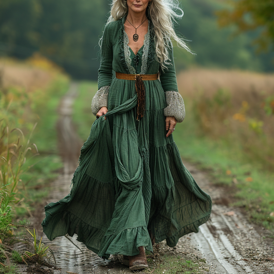 Women's Vintage V-neck Linen Long-sleeve Maxi Long Dress