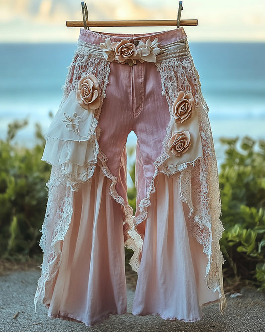 Summer Vacation Ruffle Lace Patchwork Irregular Pants  e10e