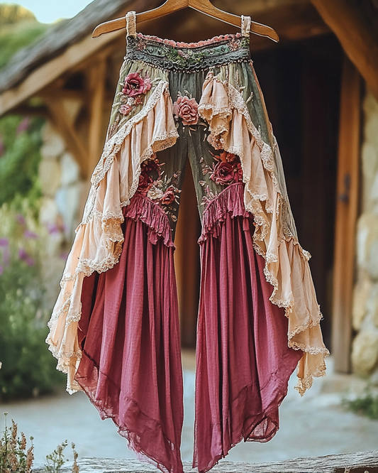 Summer ruffled cotton and linen patchwork contrast color pants 8e4a
