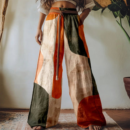 Hamivibe Vintage Abstract Boho Art Linen Blend Casual Pants b432