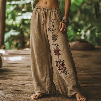Bohemian Holiday Style Retro Linen Floral Ethnic Totem Print Casual Pants