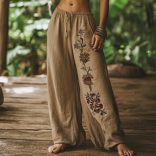 Bohemian Holiday Style Retro Linen Floral Ethnic Totem Print Casual Pants