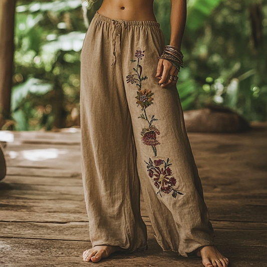 Bohemian Holiday Style Retro Linen Floral Ethnic Totem Print Casual Pants