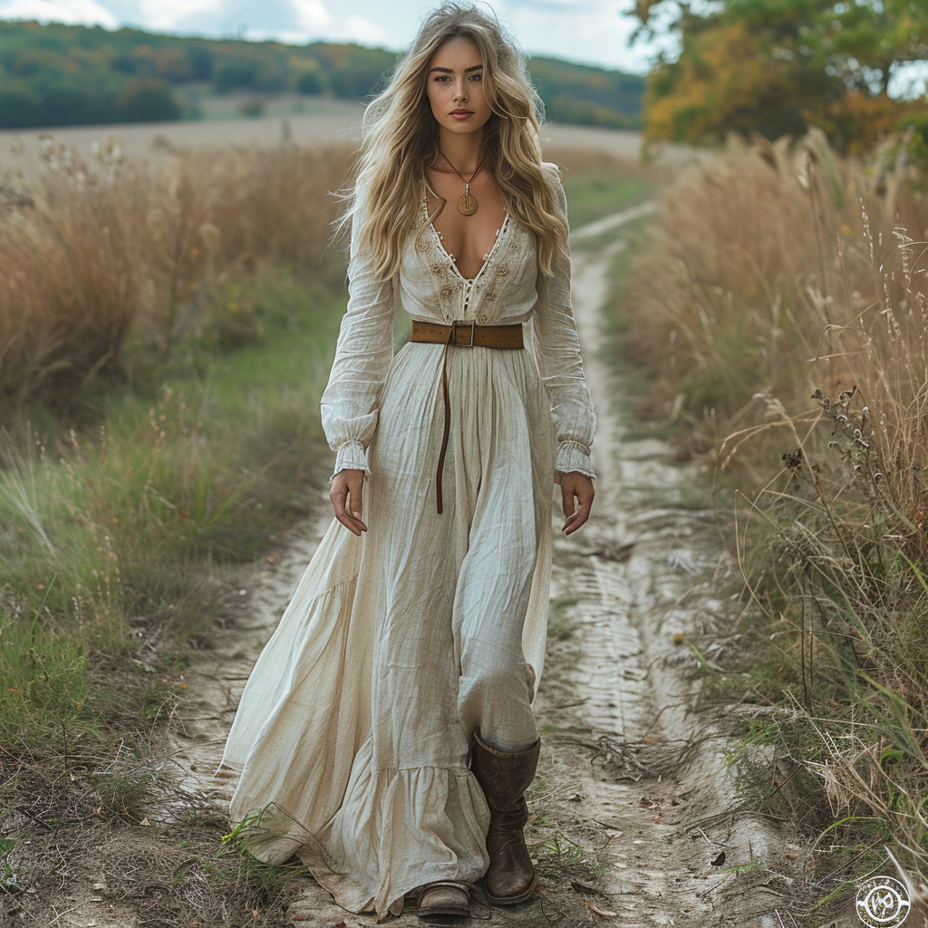 Women's Vintage V-neck Bohemian Pastoral Style Long-sleeved Maxi Long Dress