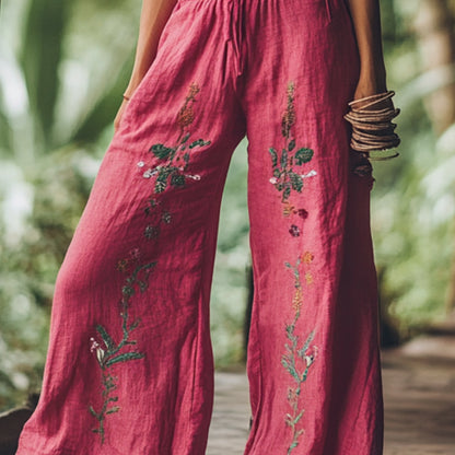 Bohemian Holiday Style Retro Linen Floral Ethnic Totem Print Casual Pants