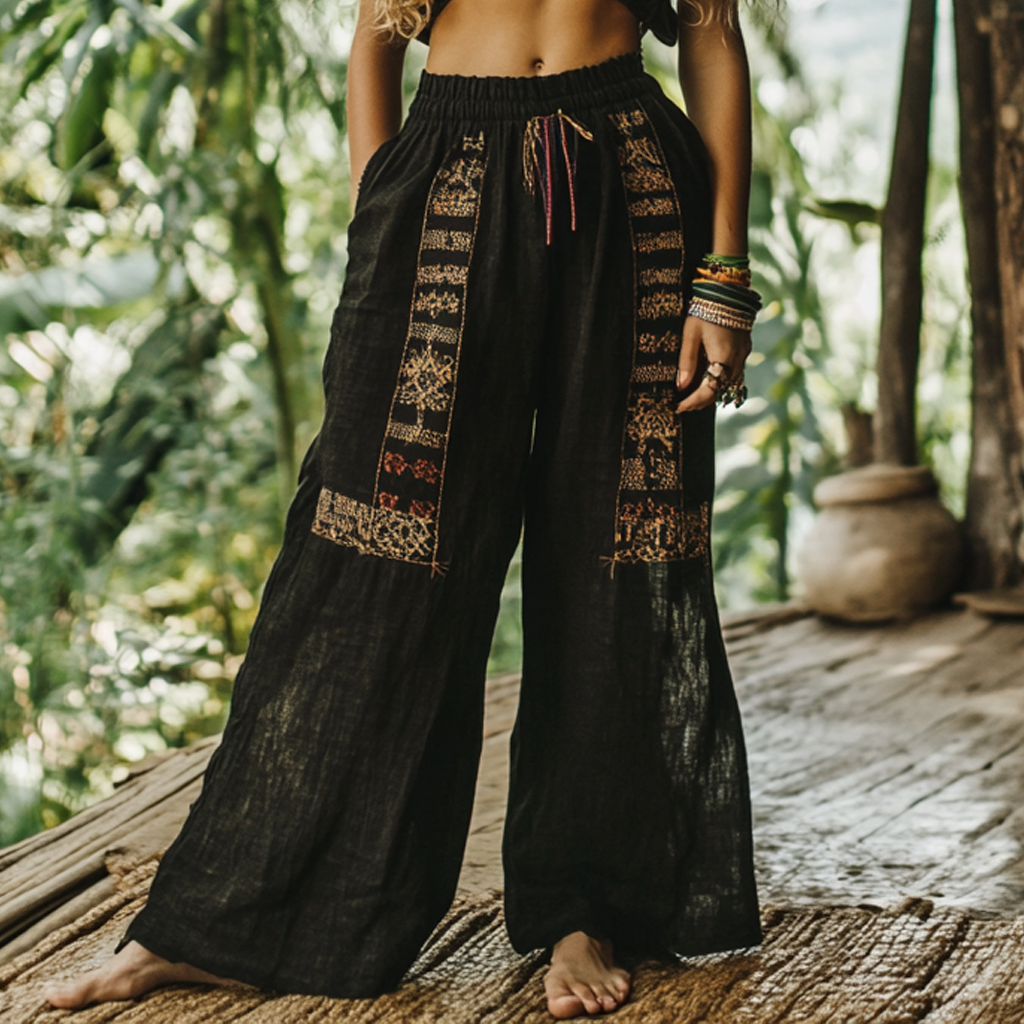 Bohemian Holiday Style Retro Linen Floral Ethnic Totem Print Casual Pants