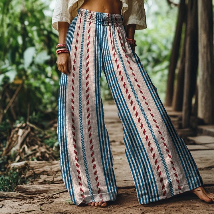 Hamivibe Vintage Bohemian Striped Art Women's Linen Blend Casual Pants 4209
