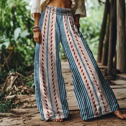 Hamivibe Vintage Bohemian Striped Art Women's Linen Blend Casual Pants 4209