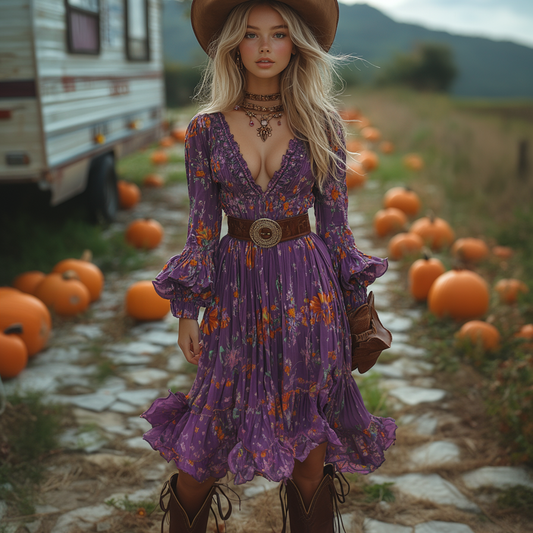 Vintage Cowgirl Style Halloween Floral Dress