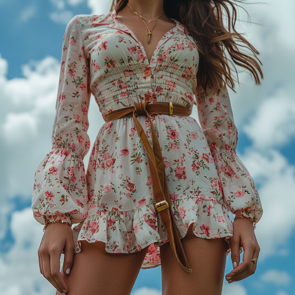 Women's Retro Floral Bohemian Pastoral Style Long-sleeved Mini Short Dress