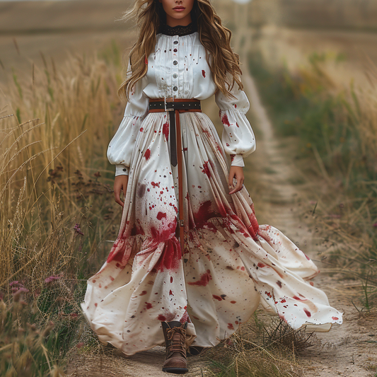 Women's Retro V-neck Pastoral Halloween Party Style Long-sleeve Maxi Long Dress
