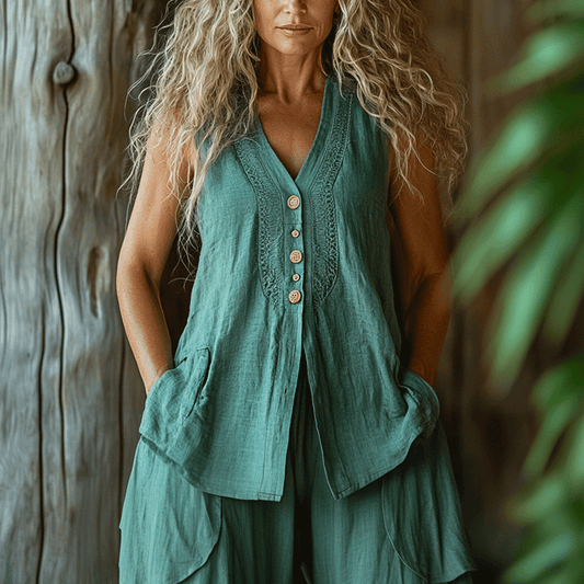 Women's Linen Bohemia Plain Style Sleeveless Vest Top Shirt