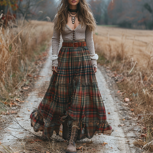 Women's Retro Plaid V-neck Long-sleeve Long Skirt Pastoral Style Maxi Long Dress