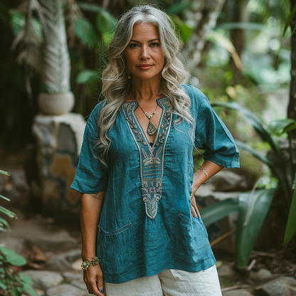 Retro Loose Bohemia Ethnic Style Linen V-neck Short-sleeved Top