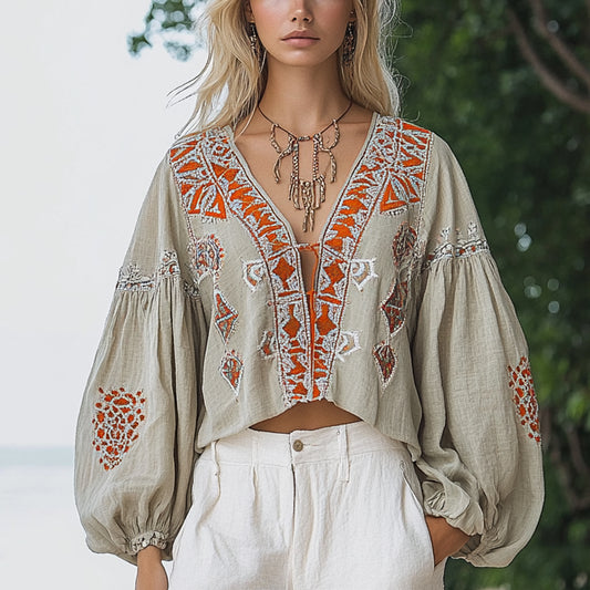 Women's Bohemian Ethnic Pattern Linen Style Casual Long-sleeved Top Shirt