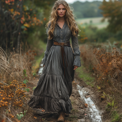 Women's Retro V-neck Country Pastoral Linen Style Long-sleeve Casual Maxi Long Dress