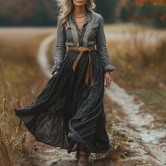 Women's Vintage V-neck Linen Long-sleeve Maxi Long Dress