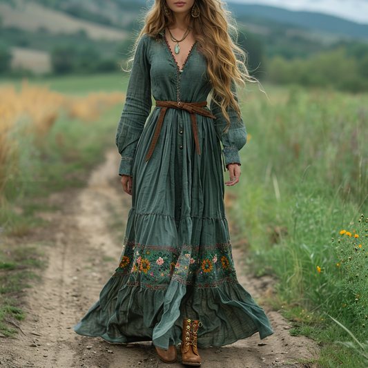 Women's Vintage V-neck Bohemian Pastoral Style Long-sleeved Maxi Long Dress